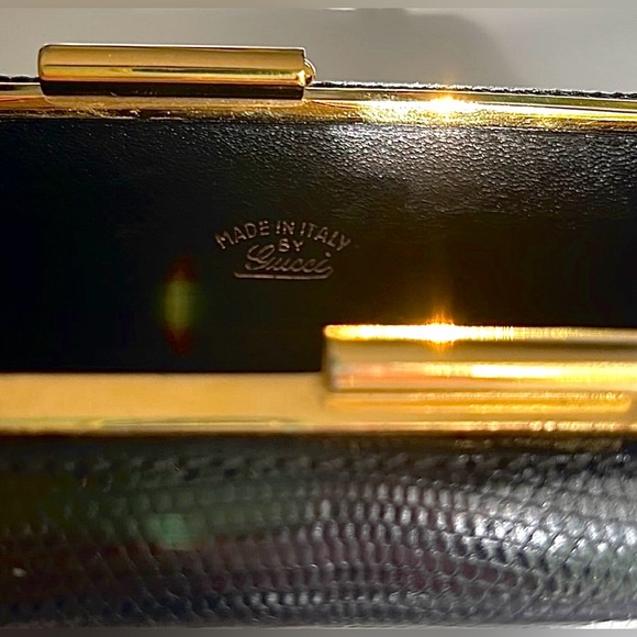 Gucci Lizard Skin RARE Evening Bag / Minaudière Purse on Gold Tone Chain Vintage - Picture 2 of 12